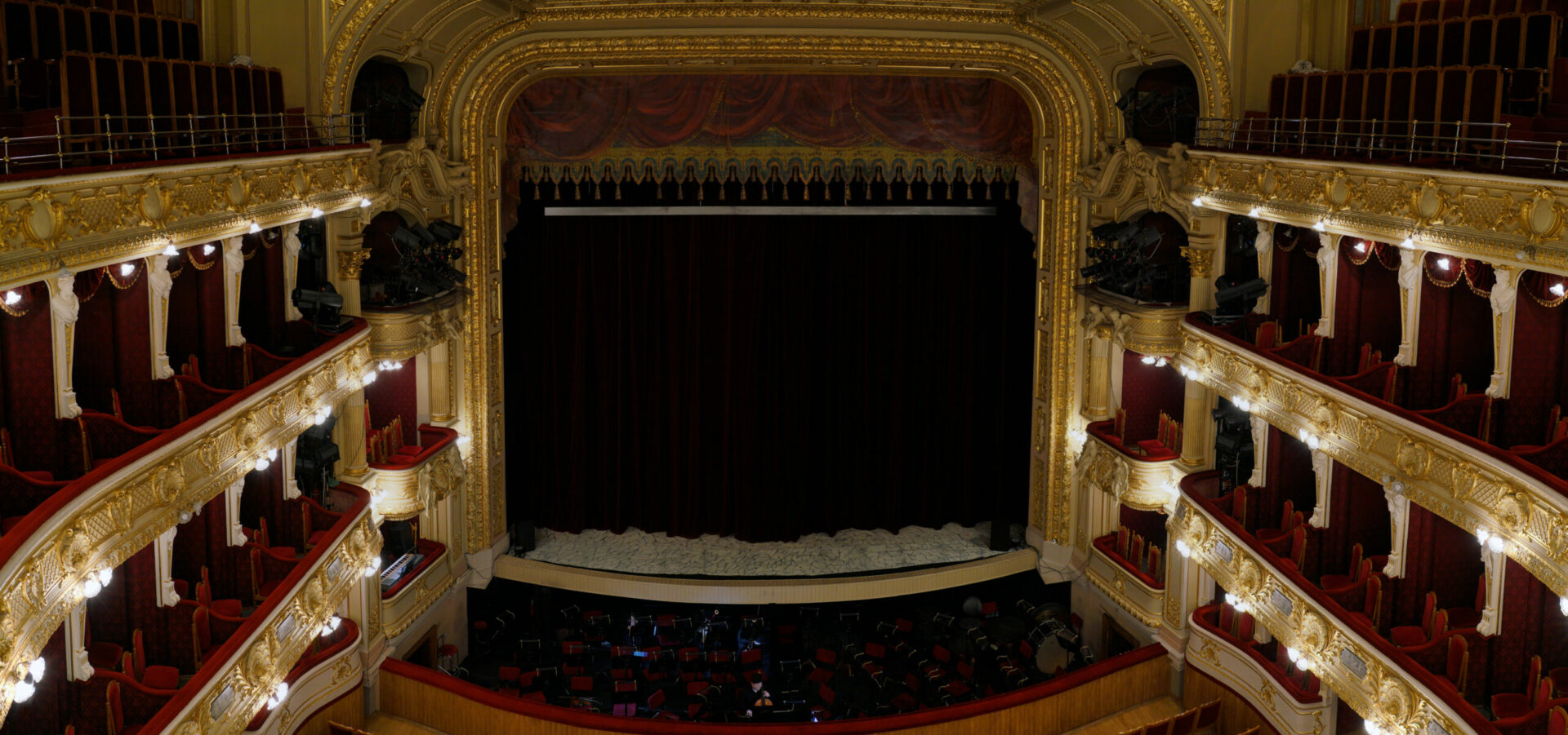 Top view of opera house stage with close curtains